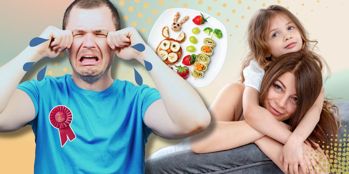 man crying while his wife and daughter snuggle on the couch