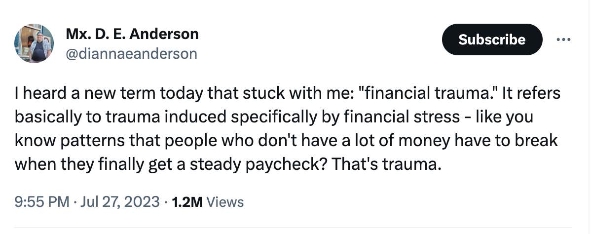 D.E. Anderson financial trauma tweet