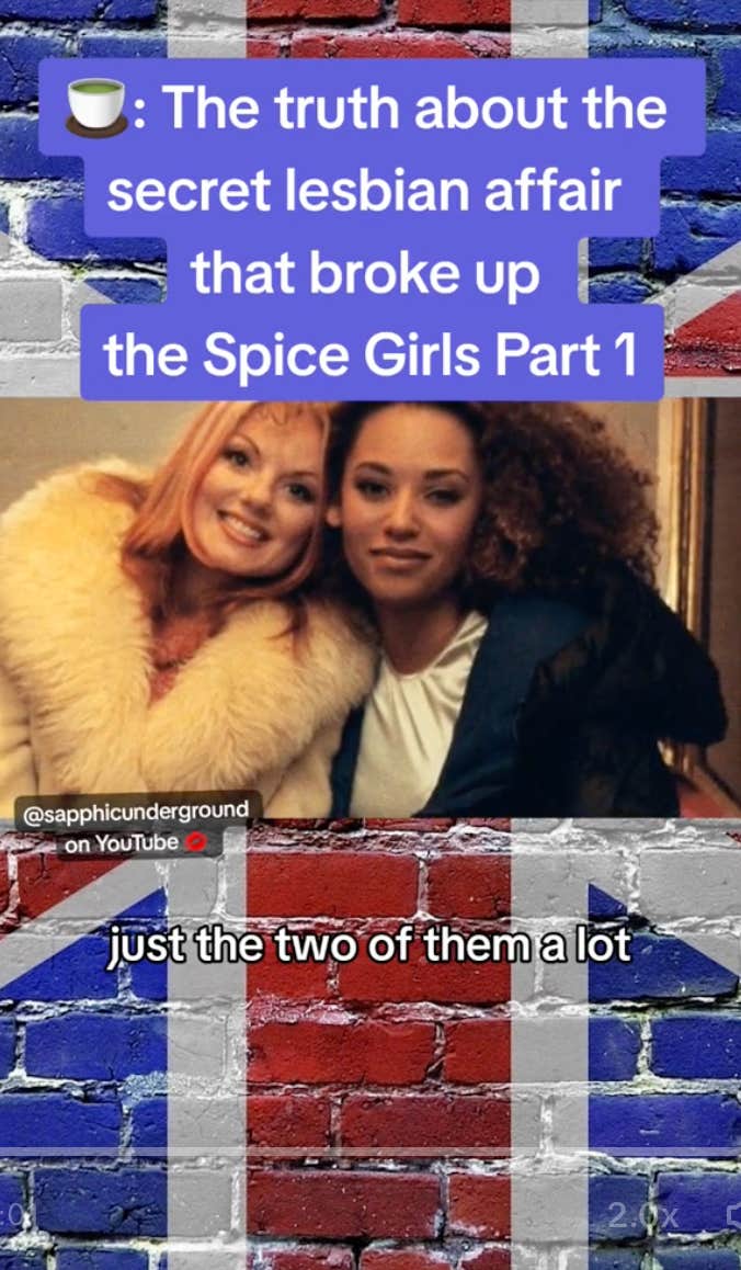 screenshot from tiktok about how a love affair between mel b and geri halliwell broke up the spice girls