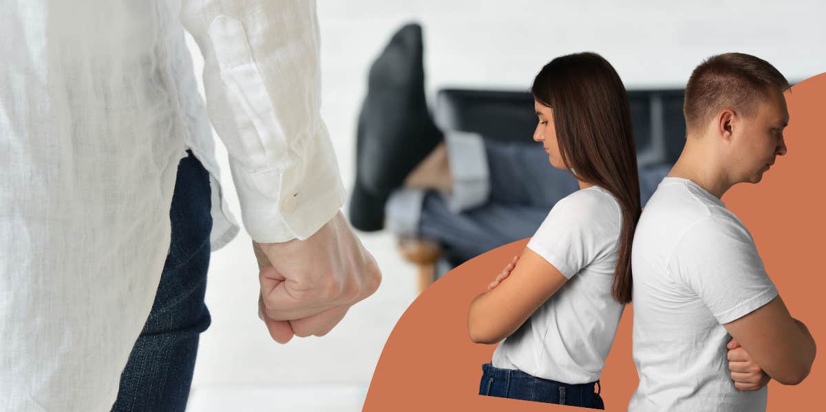 Man relaxing while woman fumes in anger