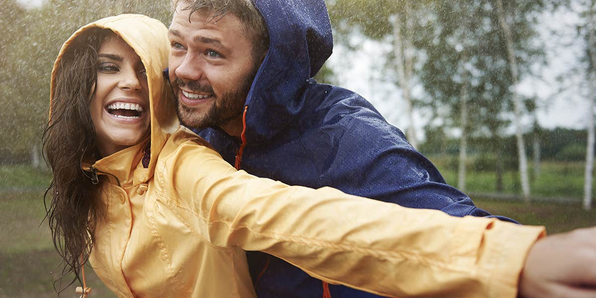 Romantic love in the pouring rain