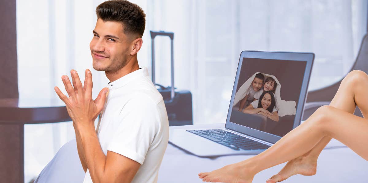 What It Really Means When Your Partner Cheats On You, According To Research man looking mischevious on business trip with another woman in his bed and family photo on laptop