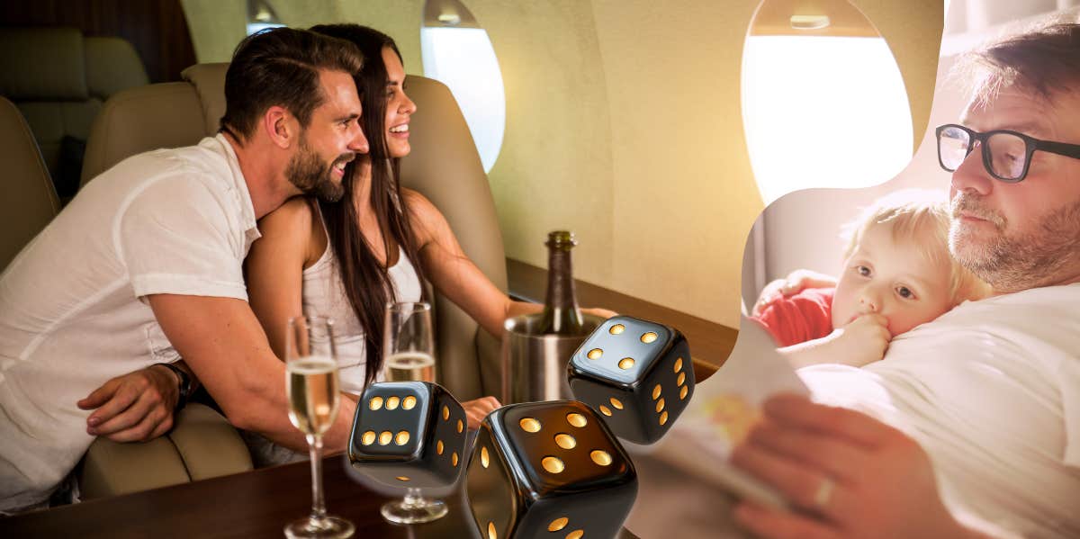 man getting flirty with woman on plane, rolling dice, dad snuggling his child