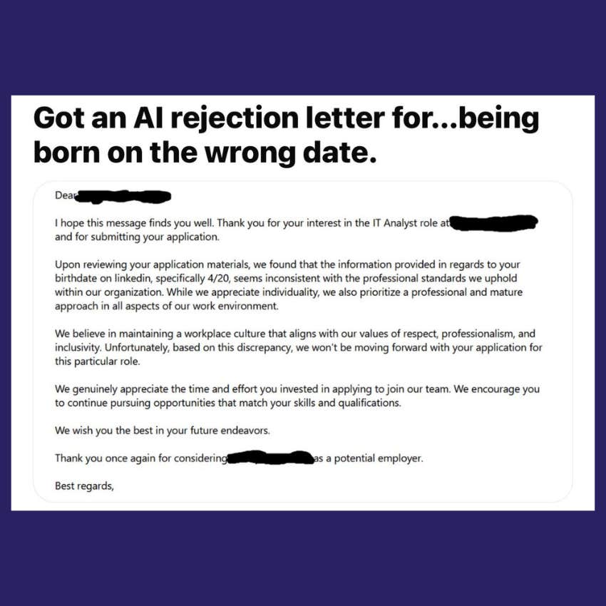 ai-generated rejection letter because of candidate&#039;s birth date