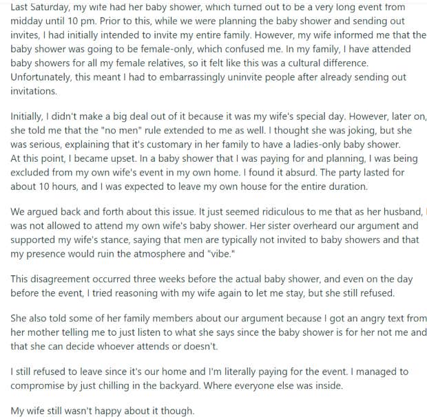 AITA post about husband refusing to leave wife&#039;s women-only baby shower 