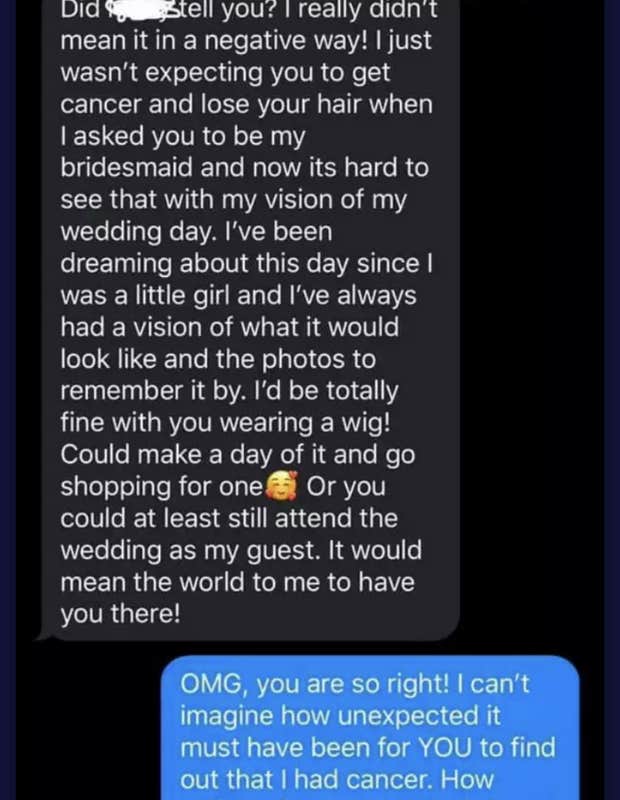 bride text to bridesmaid with cancer