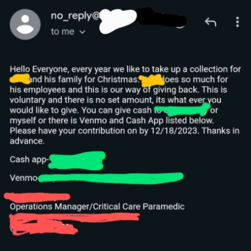 company sends out of touch email to employees asking for christmas donations to get ceo a gift