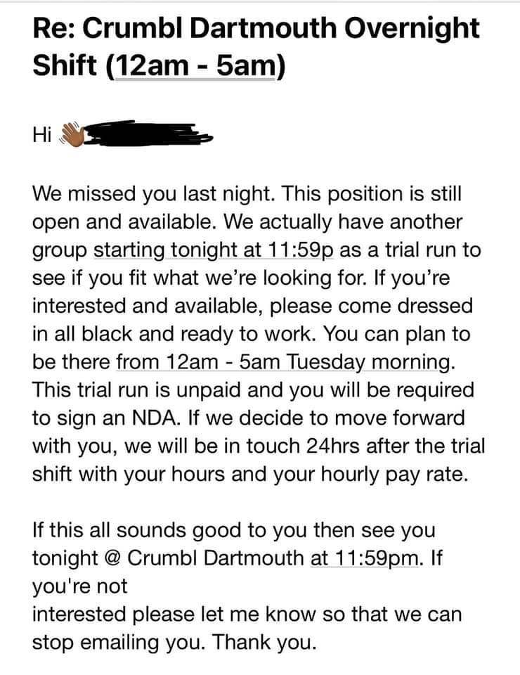 alleged email from owner of crumbl cookies franchise that asked applicants to work a trial shift for free