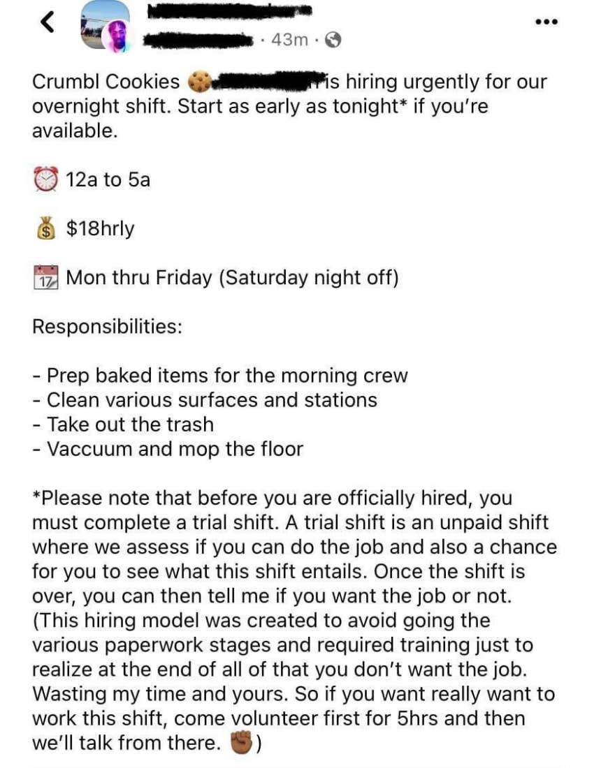 crumbl cookie job ad in which they asked applicants to work a trial shift for free