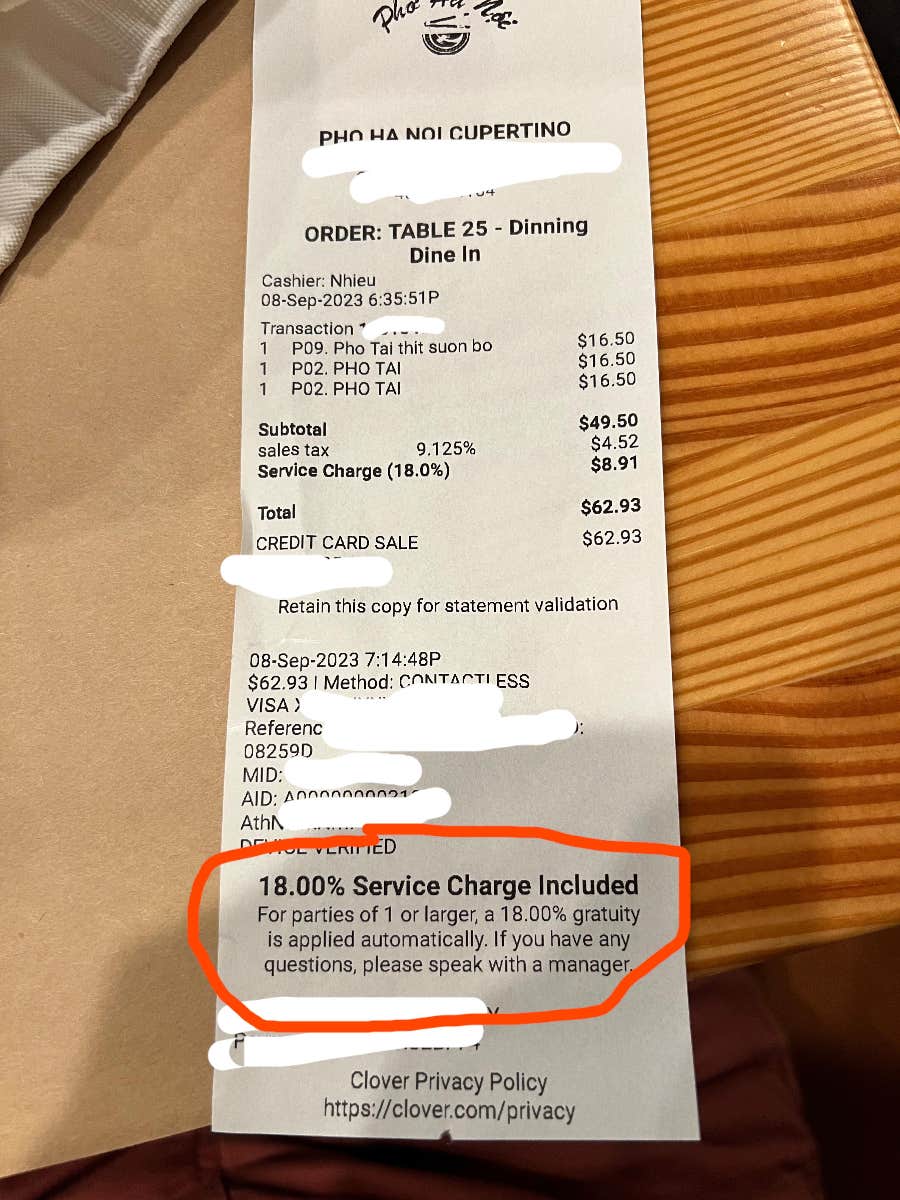 customer charged 18% gratuity for dining alone