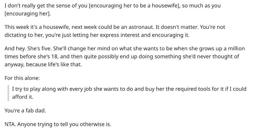 dad encouraging daughter to be housewife reddit comment