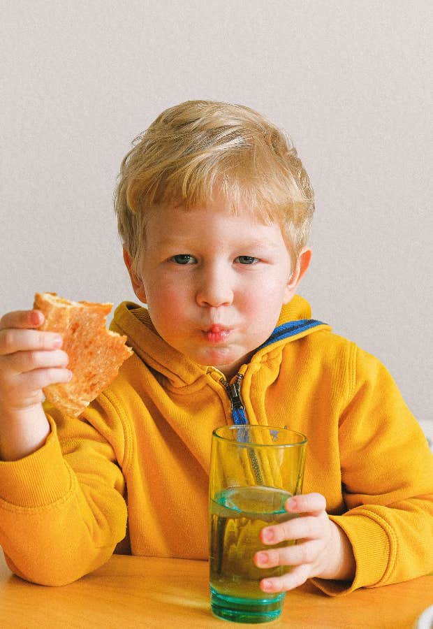 little boy eating a grilled cheese sandwich