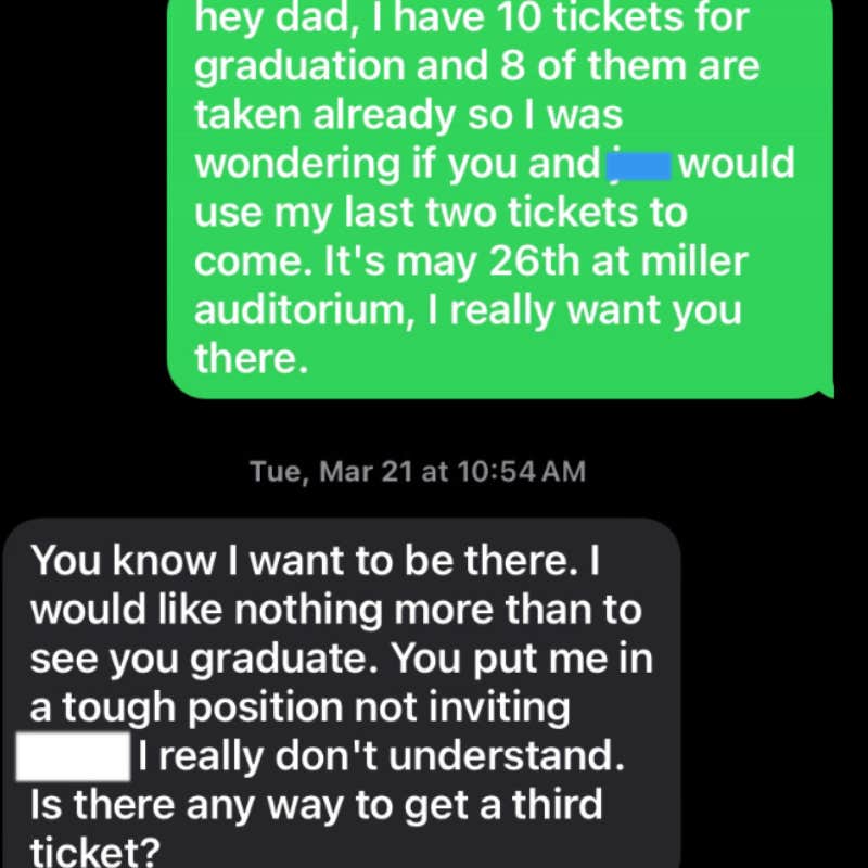 Daughter asks dad to come to her graduation without his new wife