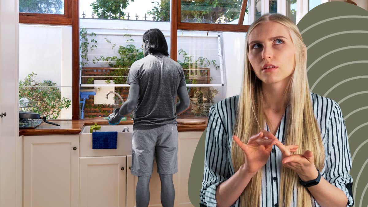 Woman counting how many times she has done the dishes that week, while husband does dishes