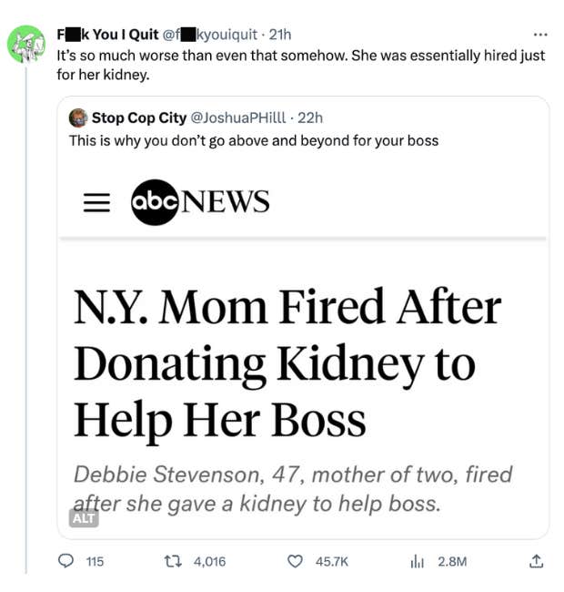 tweet about woman who donated an organ to her boss and got fired