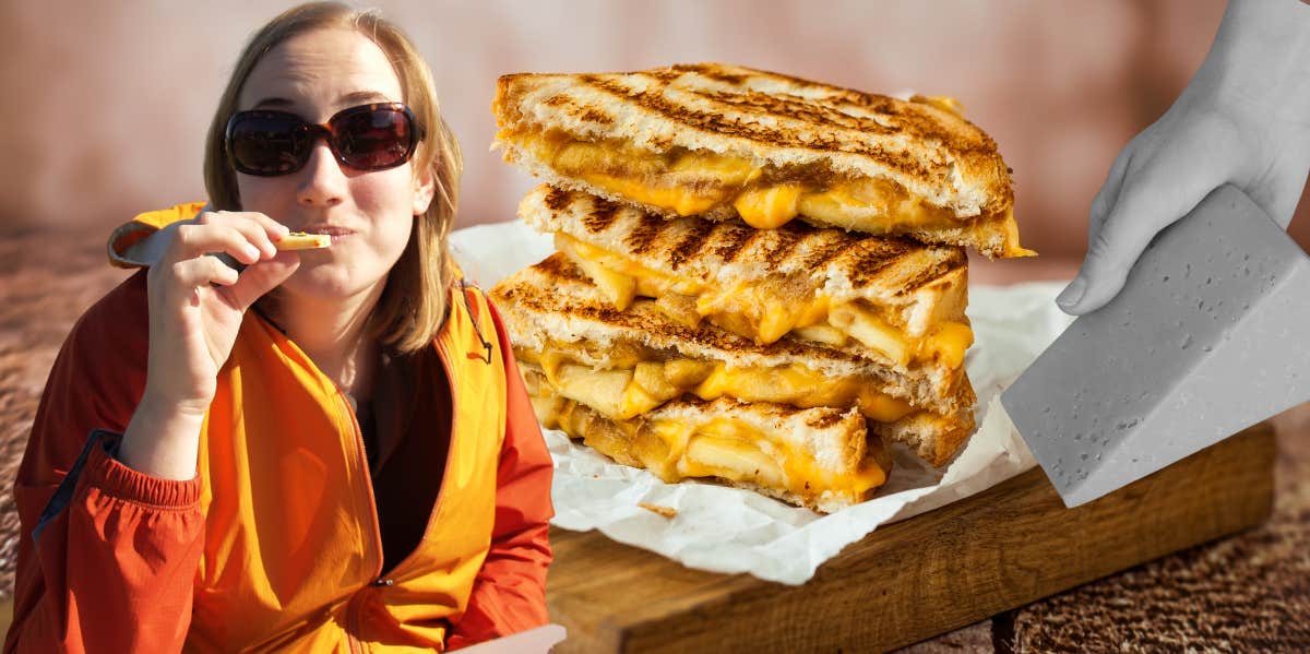 woman eating cheese, grilled cheese, block of cheddar 