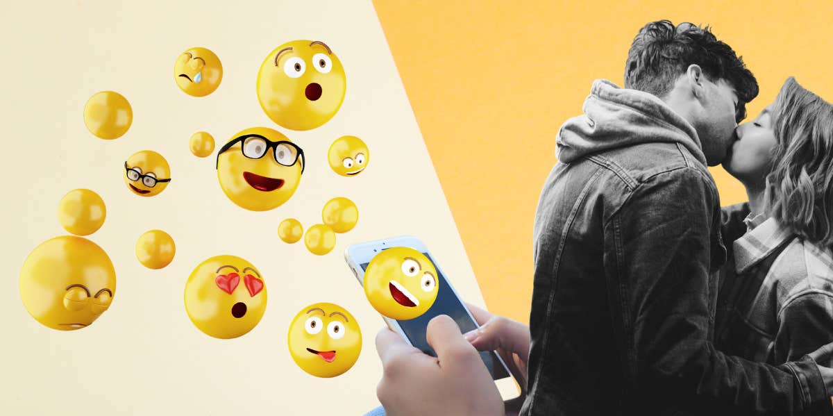 People Who Use These Emojis Have Higher Dating Success, According To Research woman texting, couple kissing