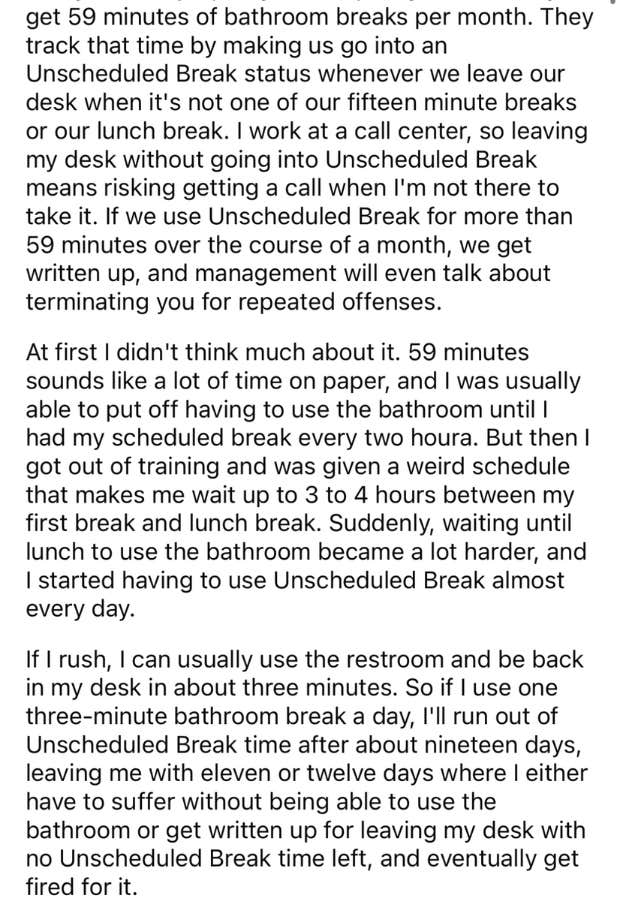 59 minute unscheduled break for bathroom reddit post