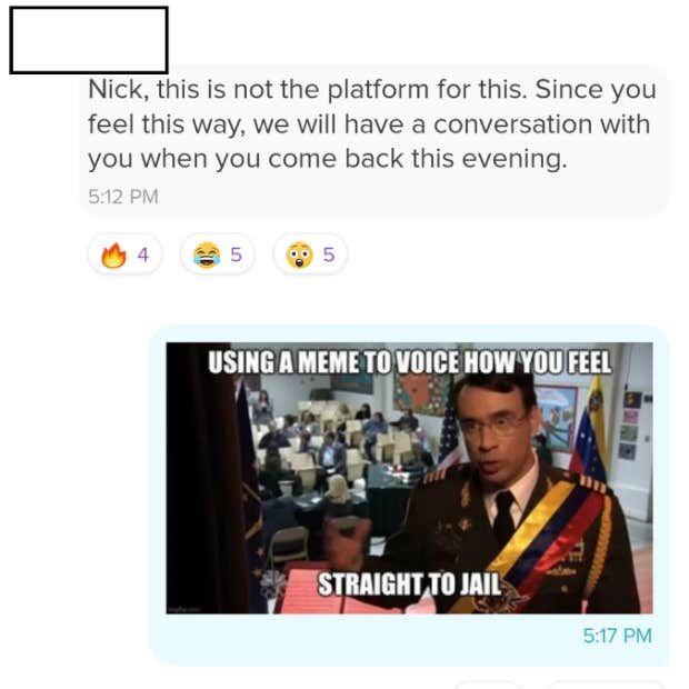 boss&#039; response after employee sends meme in work chat