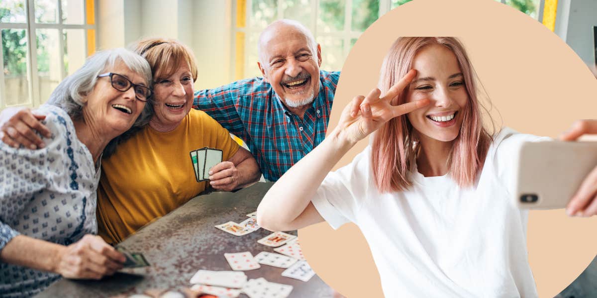 Younger woman hanging out at nursing home with new friends