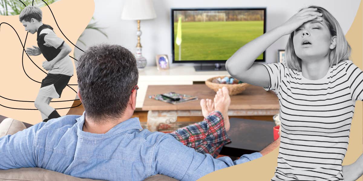 When I Turned 40, I Realized I Had Emotionally Outgrown My Husband woman frusterated while husband sits on couch, and son prepares for his soccer game