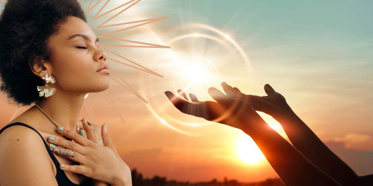 Things happy people do differently Woman working on breath work, smelling the sunset