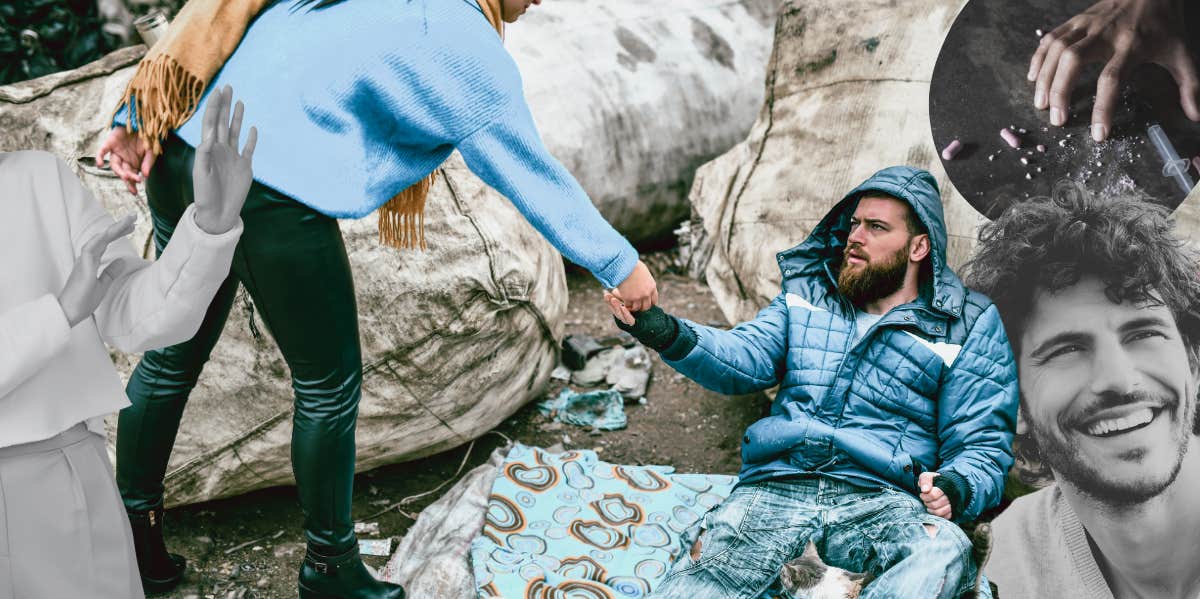 Woman shaking homeless person hand