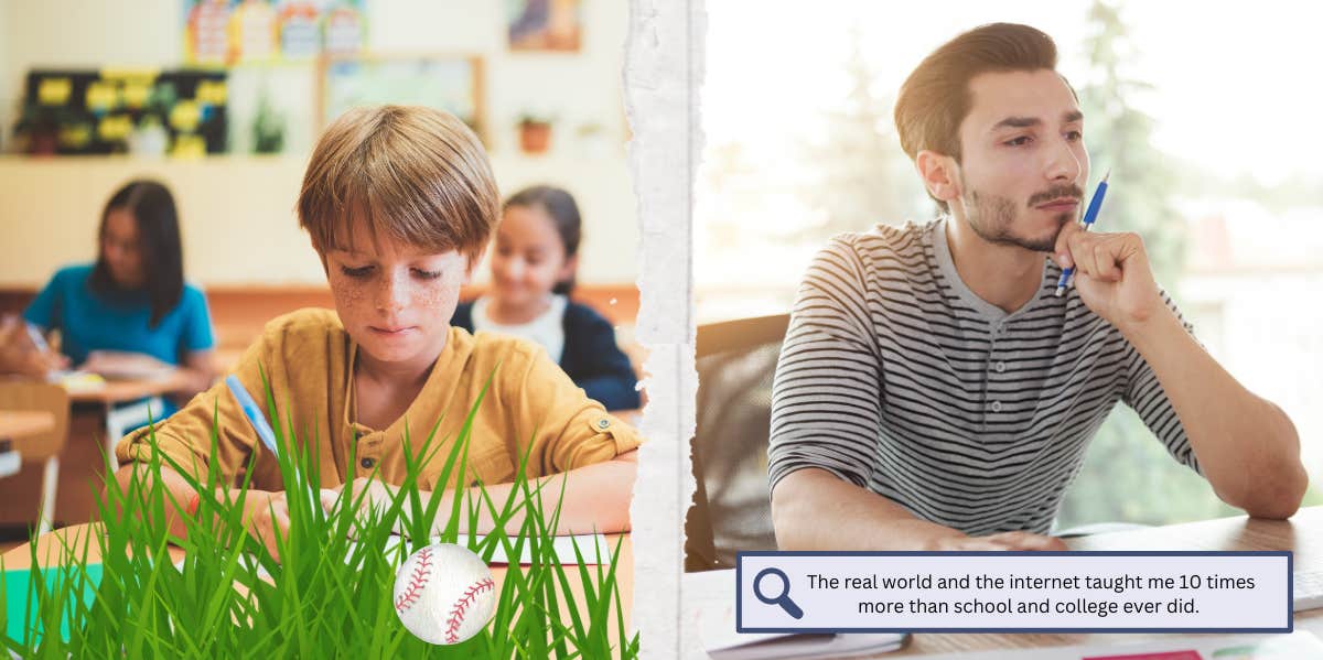 young boy in school at desk, grown man at work in desk