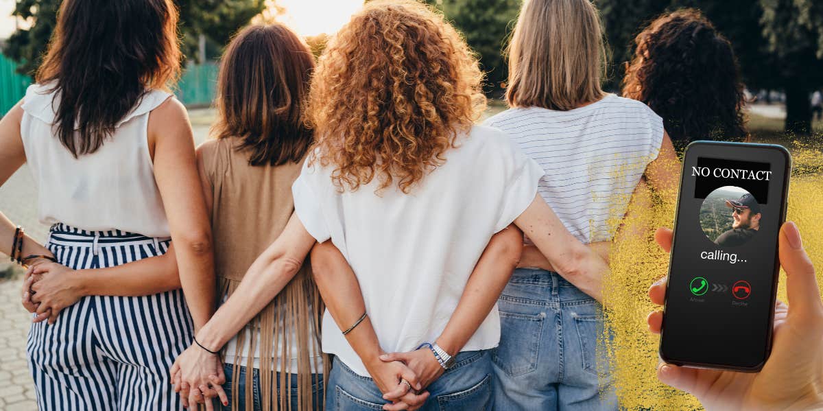 3 Ways To Finally Break The Bonds Of An Abusive Relationship (Because It's Time) woman surrounded by her friends, going no contact