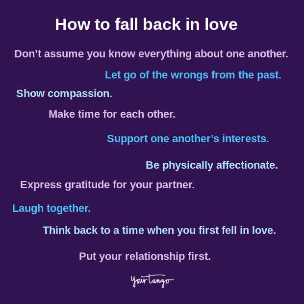 list of ways how to fall in back in love on purple background