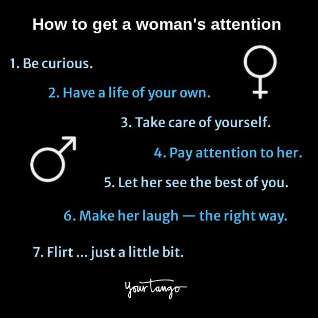 list of ways how to get a woman&#039;s attention on black background