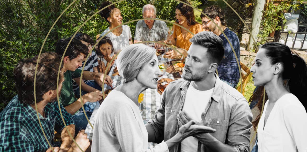 Family enjoying dinner together in the back, while mother in law-son and his wife argue 