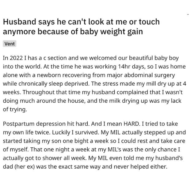 husband disgusted by wife&#039;s weight gain after having a baby