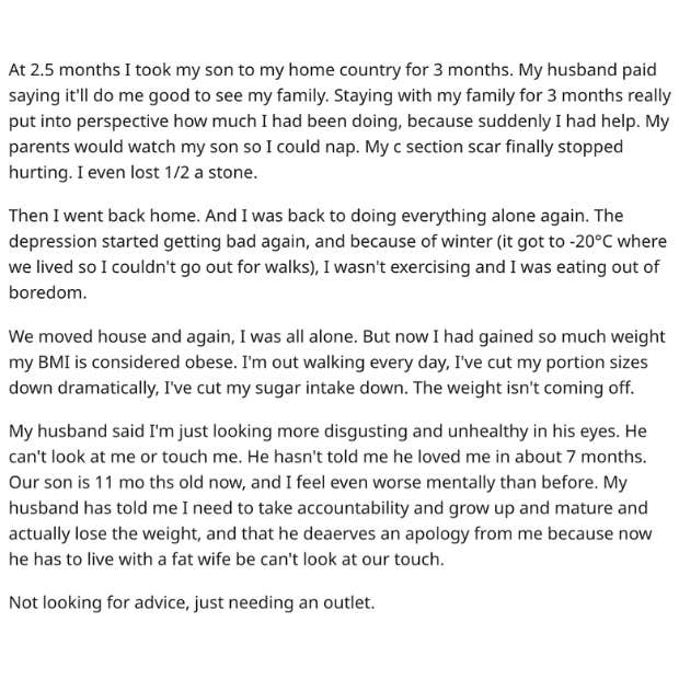 husband disgusted by wife&#039;s weight gain after having a baby