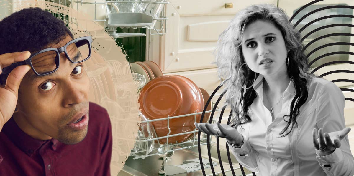 Husband Wants A Reward For Housework, So He Asked His Wife To Be 'DTF' Husband unloading dishwasher with eye brows raised, wife with the ick