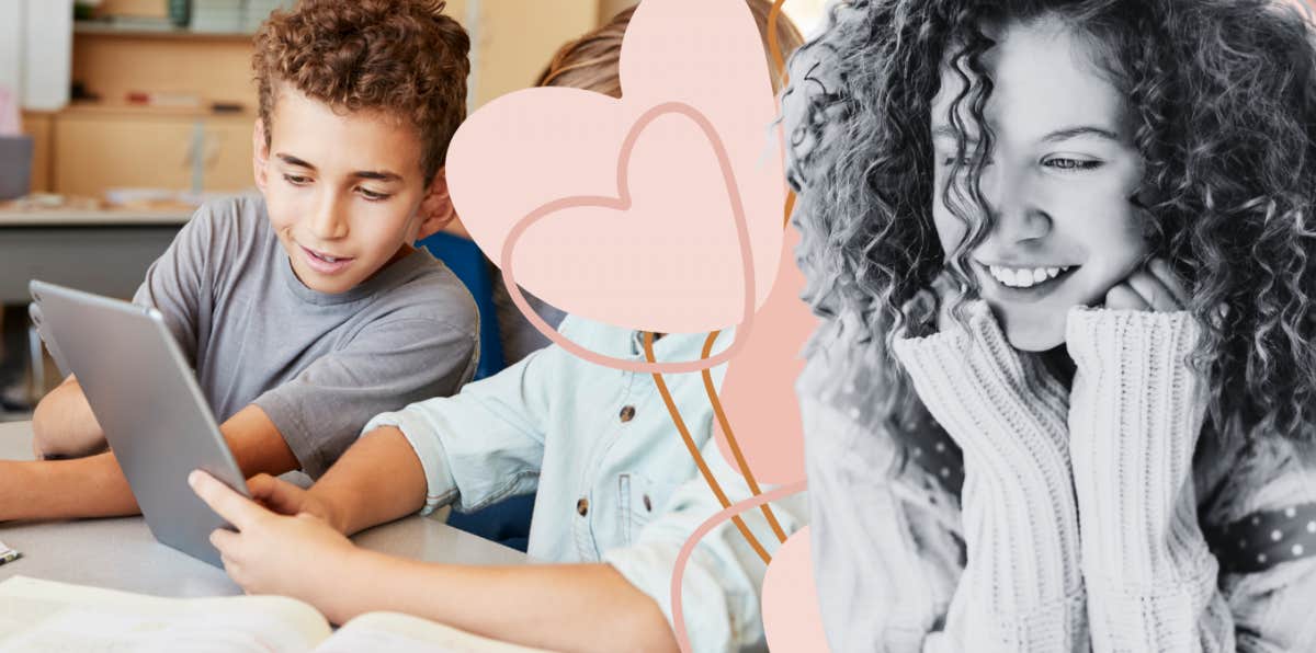young girl swooning over new boy in class
