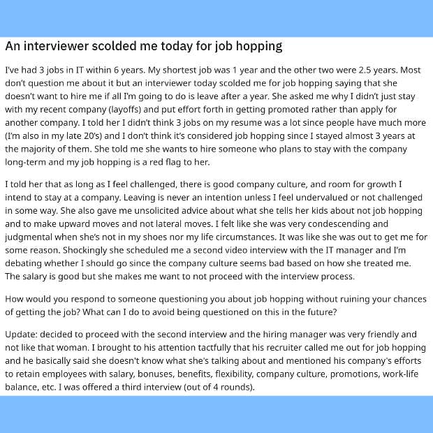 job seeker is scolded by a recruiter for job hopping