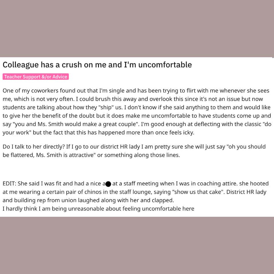 male teacher says female coworker&#039;s flirting making him uncomfortable