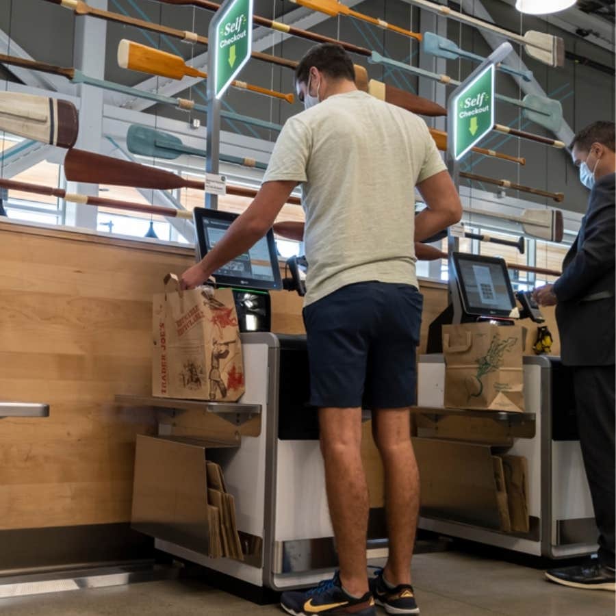 annoyed man was asked to leave a tip at the self-checkout register