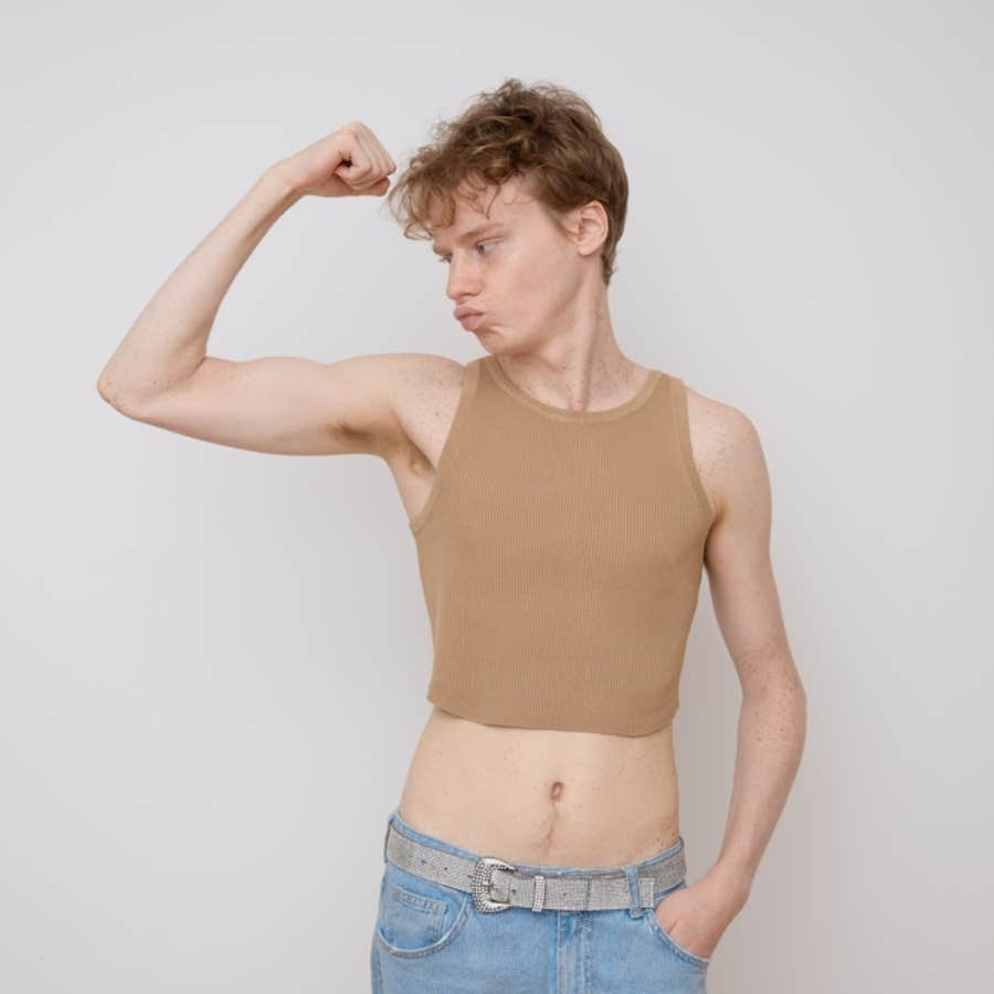 boy wearing a cropped tanktop