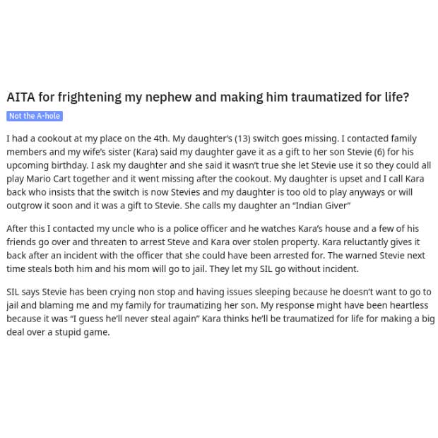 man traumatized nephew with cops over nintendo switch aita reddit