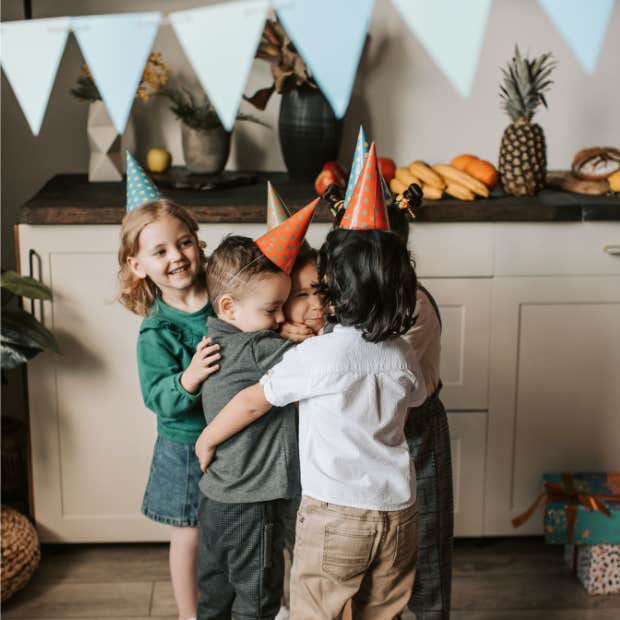 kids hugging at a birthday party