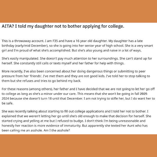 mom refuses to send daughter to college for fear that she's too immature to attend