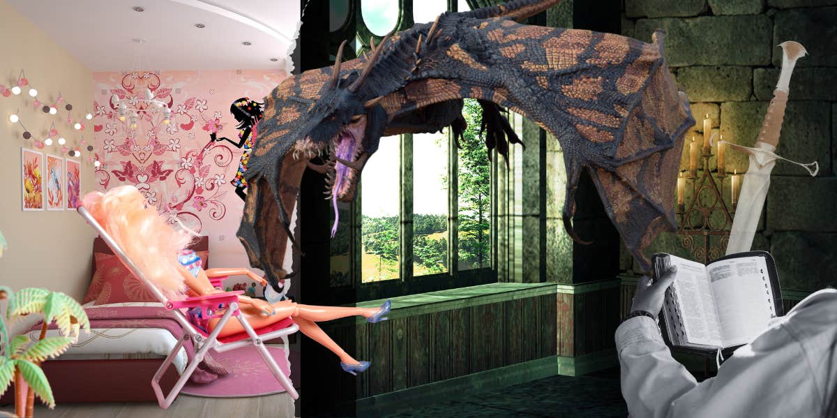 My Awkward Relationship With Barbie, Pink, And Being Genderless barbie room on one side, castle dragons, and reading on another