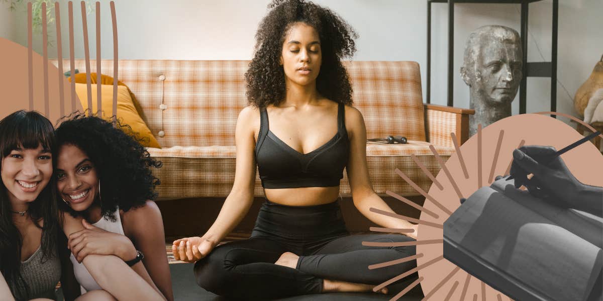 woman enjoying meditation, time with her friends and journaling