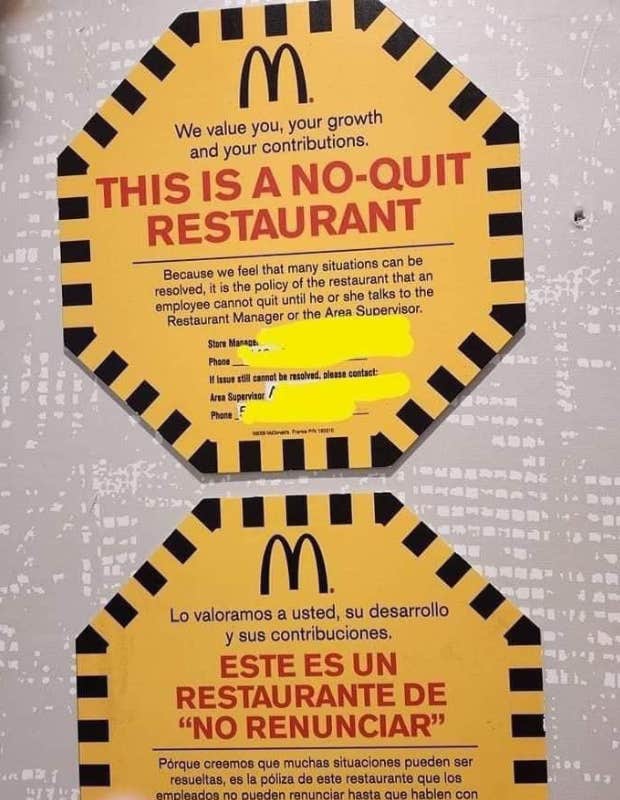 no-quit restaurant sign in mcdonald&#039;s forbidding employees from quitting