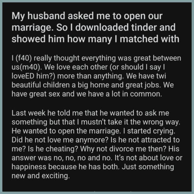 husband asks wife for open marriage then gets jealous