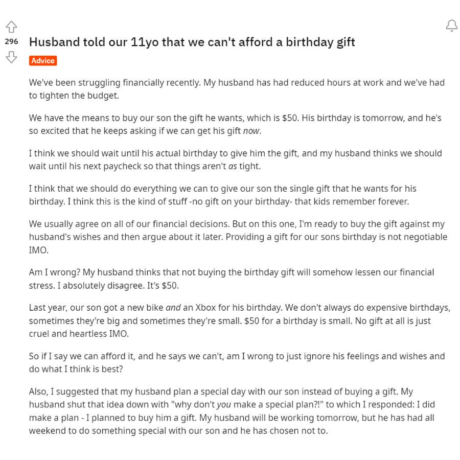 husband told our 11yo that we can't afford birthday gift reddit post