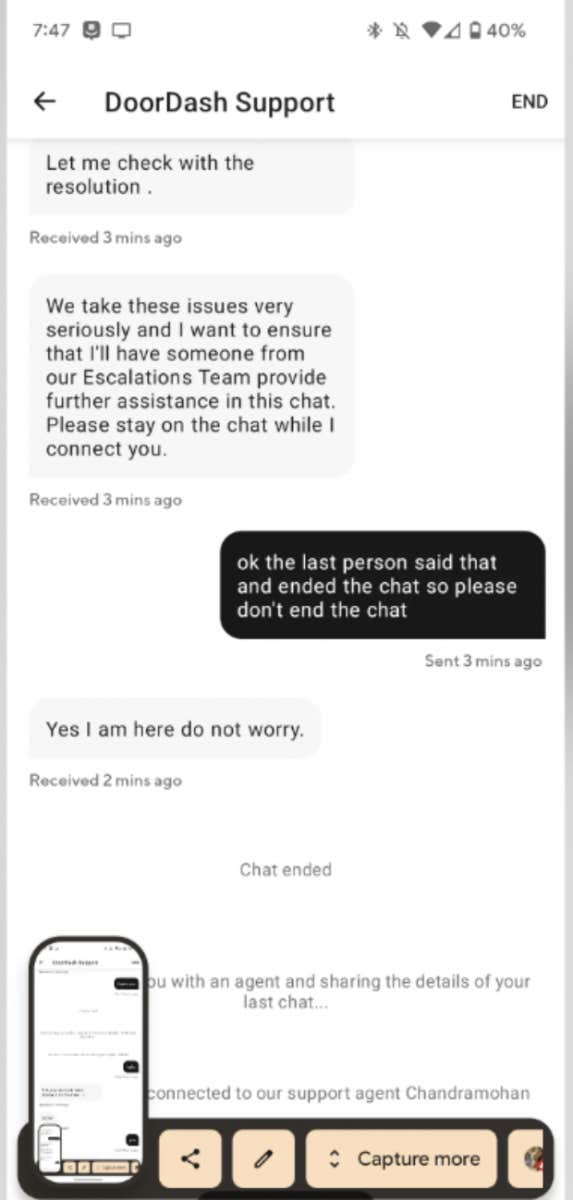 DoorDash screw in food customer service response