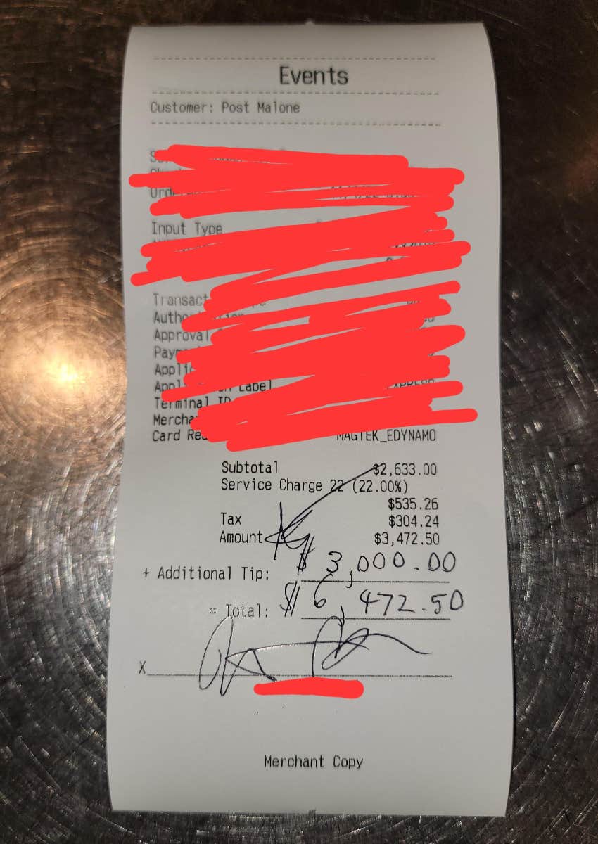 post malone leaves large tip on bill